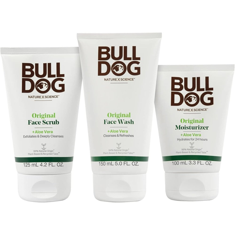 Bulldog Mens Skincare and Grooming Original Full Face Kit front view showcasing the complete three piece imported grooming set.