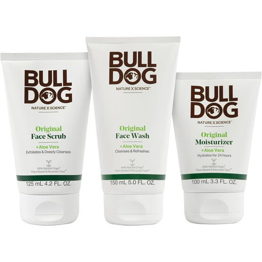 Bulldog Mens Skincare and Grooming Original Full Face Kit front view showcasing the complete three piece imported grooming set.