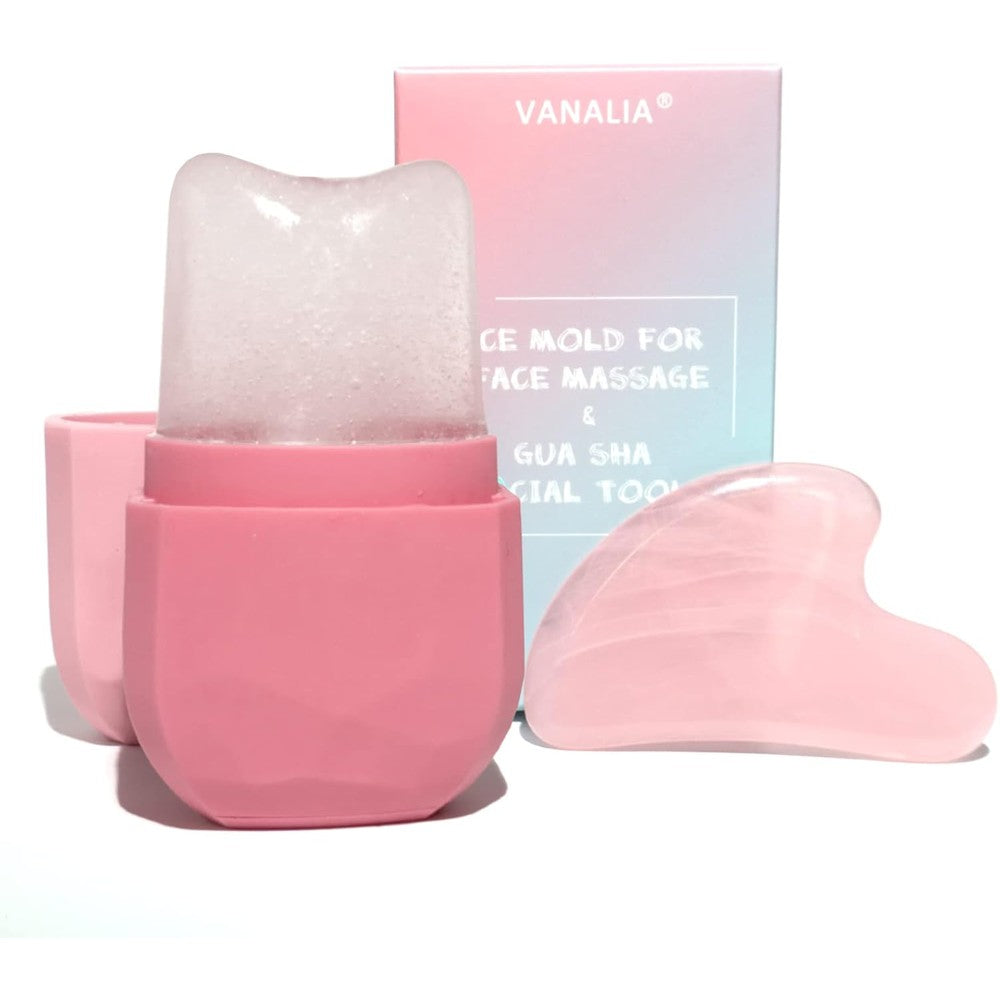 VANALIA ice face roller and gua sha set pink front view for facial cryotherapy
