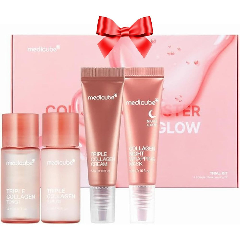 Medicube Glass Skin Collagen Trial Kit front view packaging showing four travel size Korean skincare products.