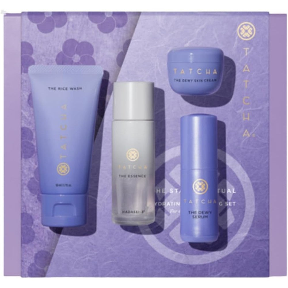 Tatcha The Starter Ritual Set Ultra Hydrating packaging front view highlighting the four step Japanese skincare routine.