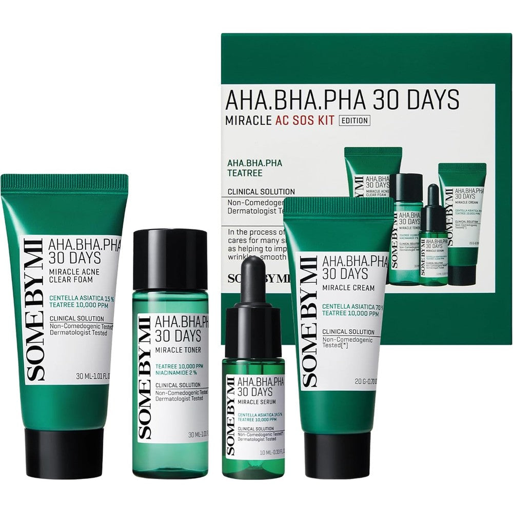 SOME BY MI AHA BHA PHA 30Days Miracle AC SOS Kit front view showing four travel sized green bottles and tubes for acne care.