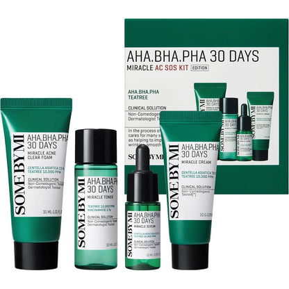 SOME BY MI AHA BHA PHA 30Days Miracle AC SOS Kit front view showing four travel sized green bottles and tubes for acne care.