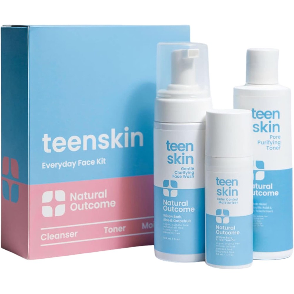 Natural Outcome Teen Skin Care Kit front view showing the 3-step acne treatment bottles.