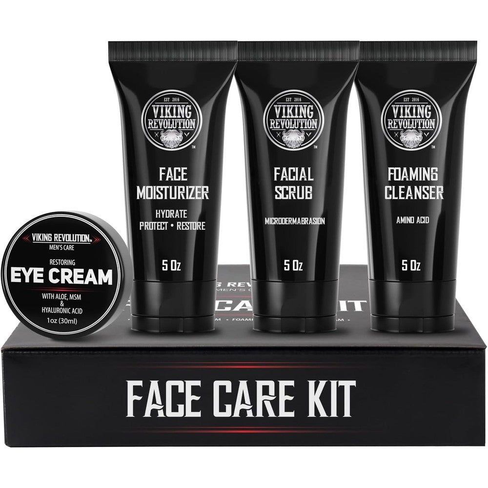 Viking Revolution Men's Facial Skin Care Kit front view showing four grooming products