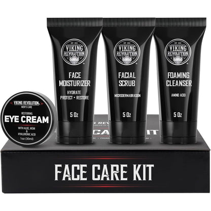 Viking Revolution Men's Facial Skin Care Kit front view showing four grooming products