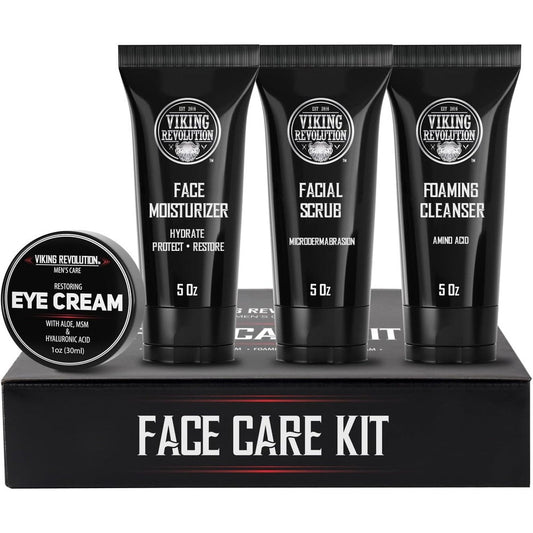 Viking Revolution Men's Facial Skin Care Kit front view showing four grooming products