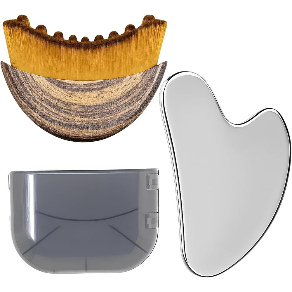 TWPER Stainless Steel Gua Sha and Face Brush Set front view showing premium beauty tools.