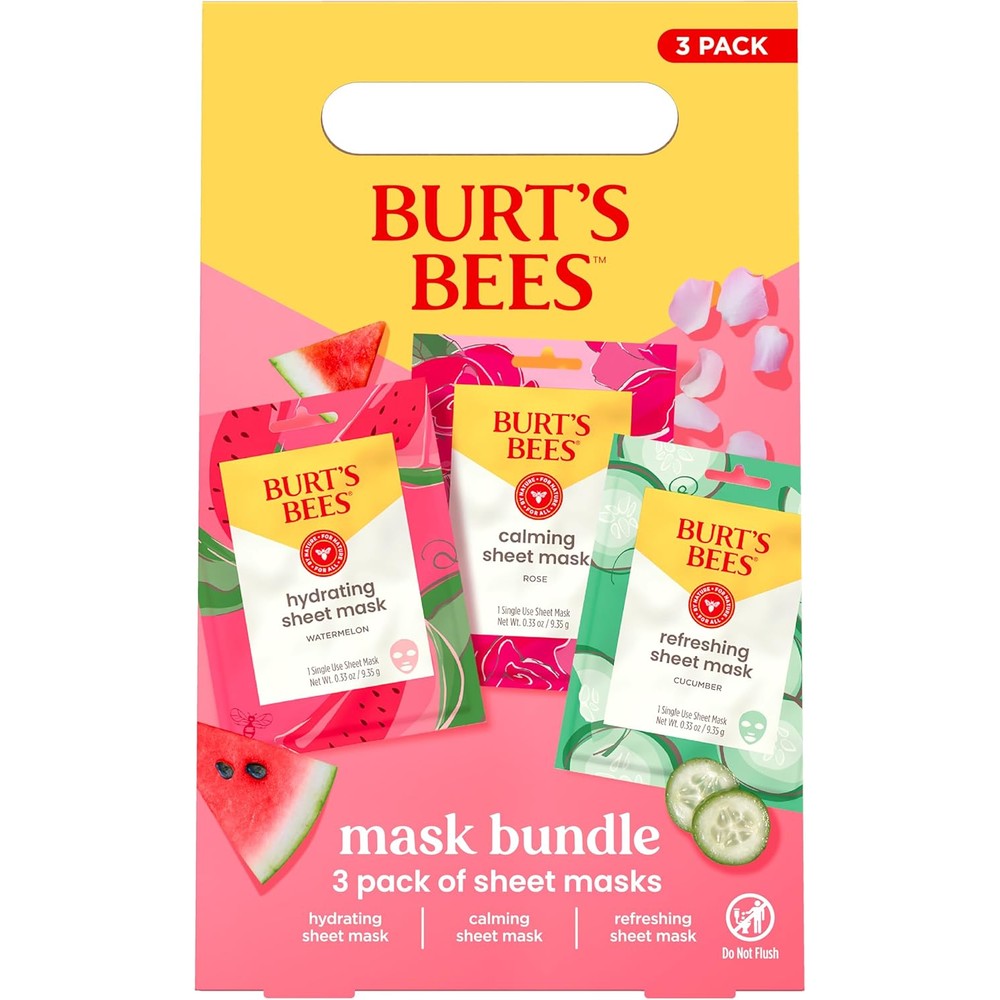 Burt's Bees Face Mask Bundle Set packaging front view highlighting watermelon rose and cucumber variants