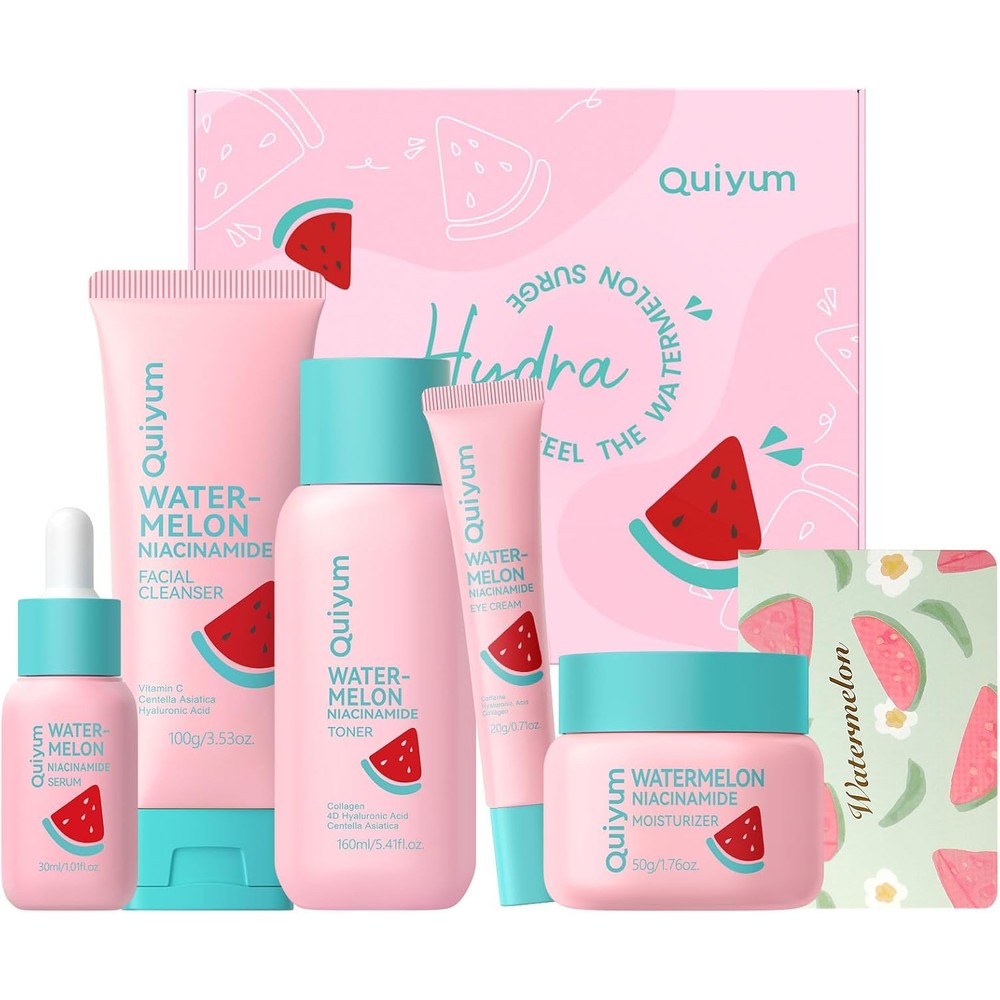 QUIYUM Watermelon Niacinamide Skin Care Set front view of the complete five piece kit in its pink gift box