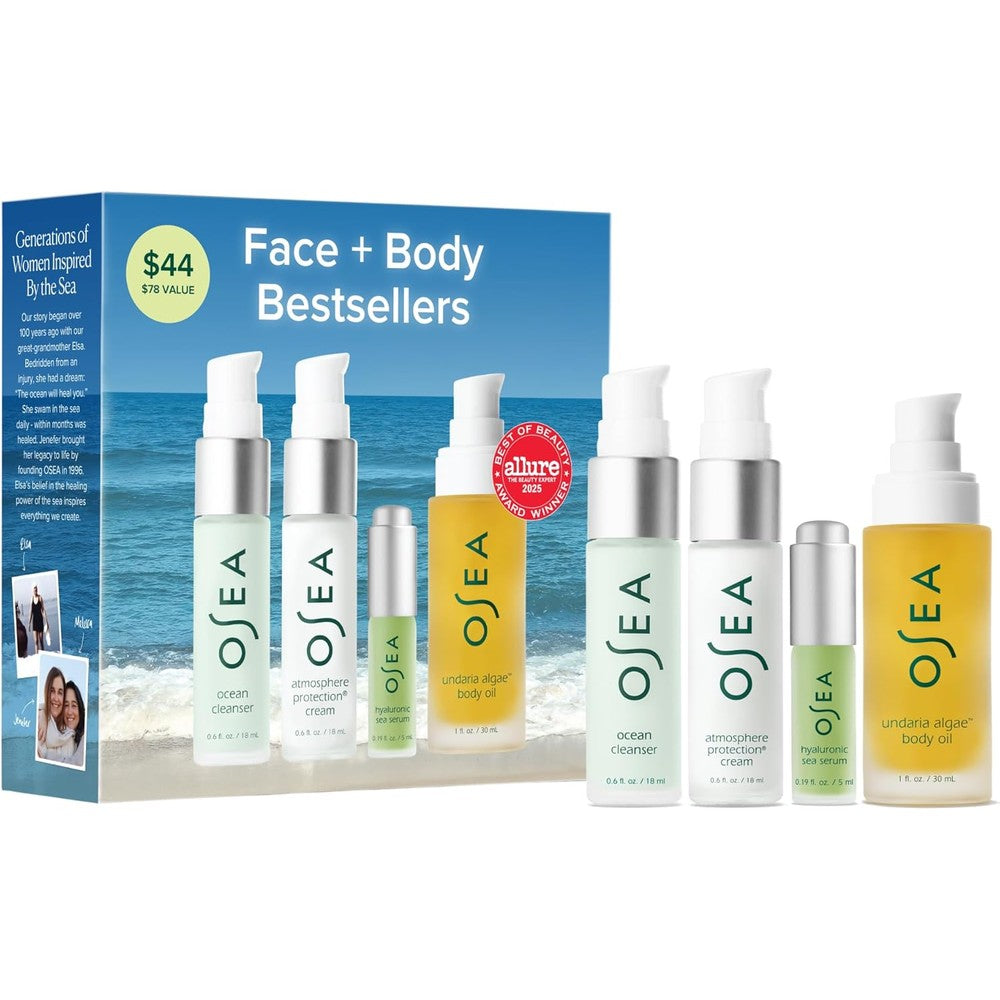 OSEA Bestsellers Set packaged four piece clean beauty travel kit front view