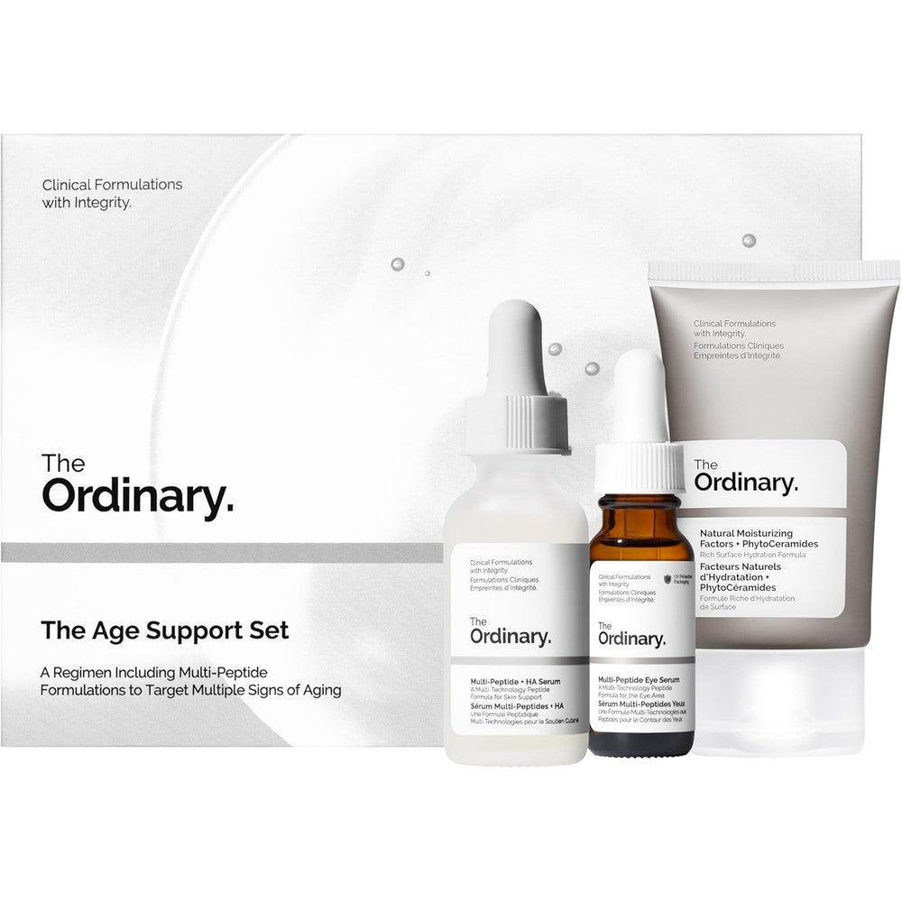 The Ordinary Age Support Set front view of the three step anti aging regimen packaging