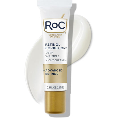 RoC Retinol Correxion Deep Wrinkle Night Cream front view of the mini gold and white tube
