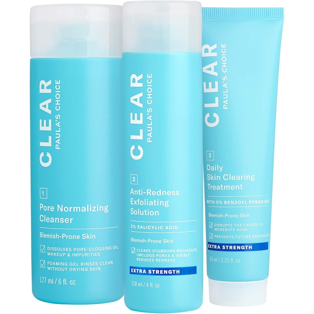 Paula's Choice CLEAR 3-Piece Acne Kit front view showing the daily cleanser exfoliant and treatment bottles for clear skin.