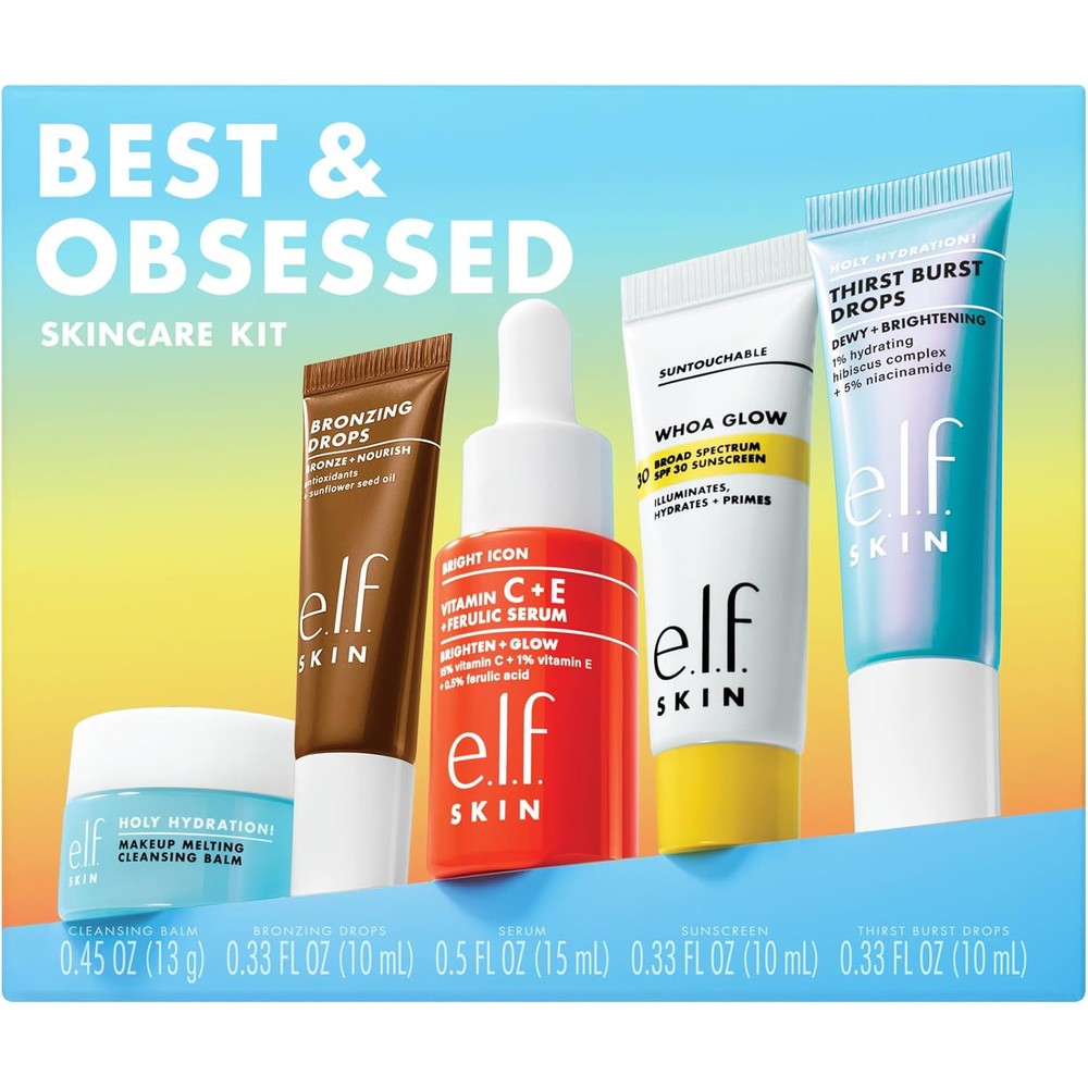 e.l.f. SKIN Best And Obsessed Skincare Kit front view packaging showing five mini products inside.