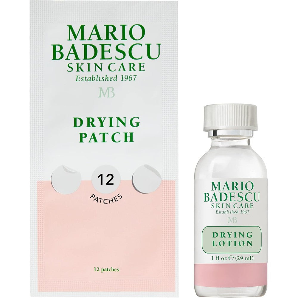 Mario Badescu Drying Lotion AM PM Blemish Kit front view showing the dual treatment bottle and patch sheet.