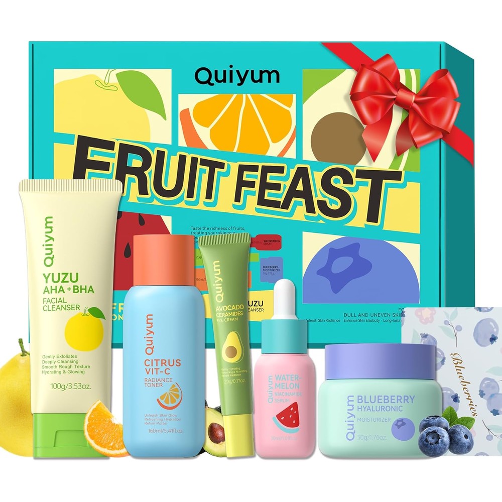 QUIYUM Fruit Skincare Set for Teens front view of the 5 piece daily beauty kit box