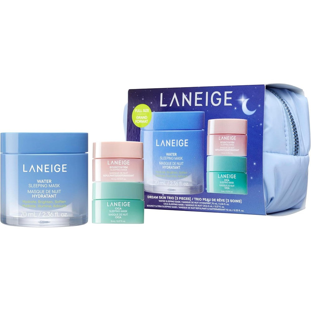 Laneige Dream Skin Trio Set front view displaying the blue travel pouch and three overnight sleeping masks