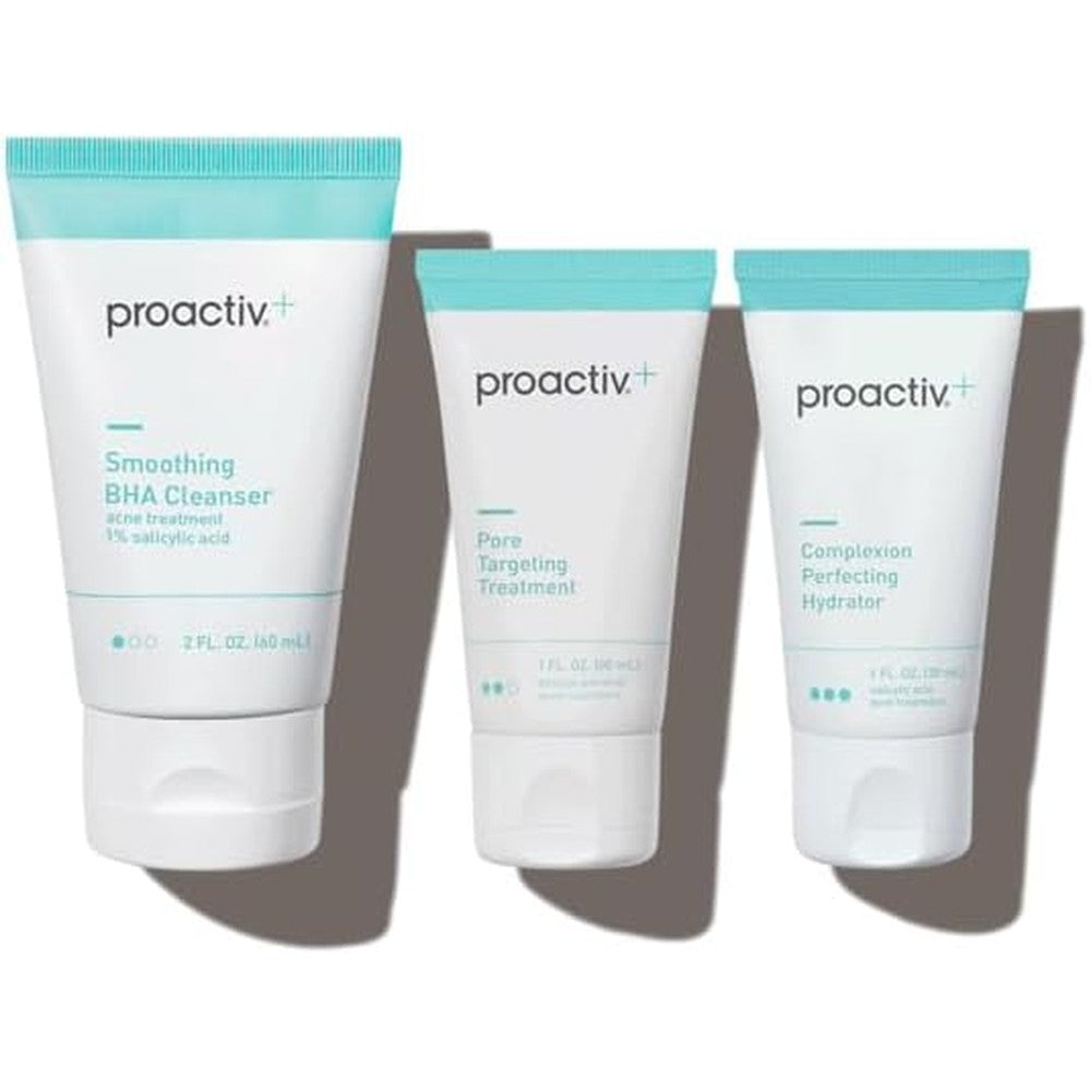 Proactiv Plus 3 Step Advanced Skincare Acne Treatment Kit front view showing cleanser treatment serum and moisturizer bottles