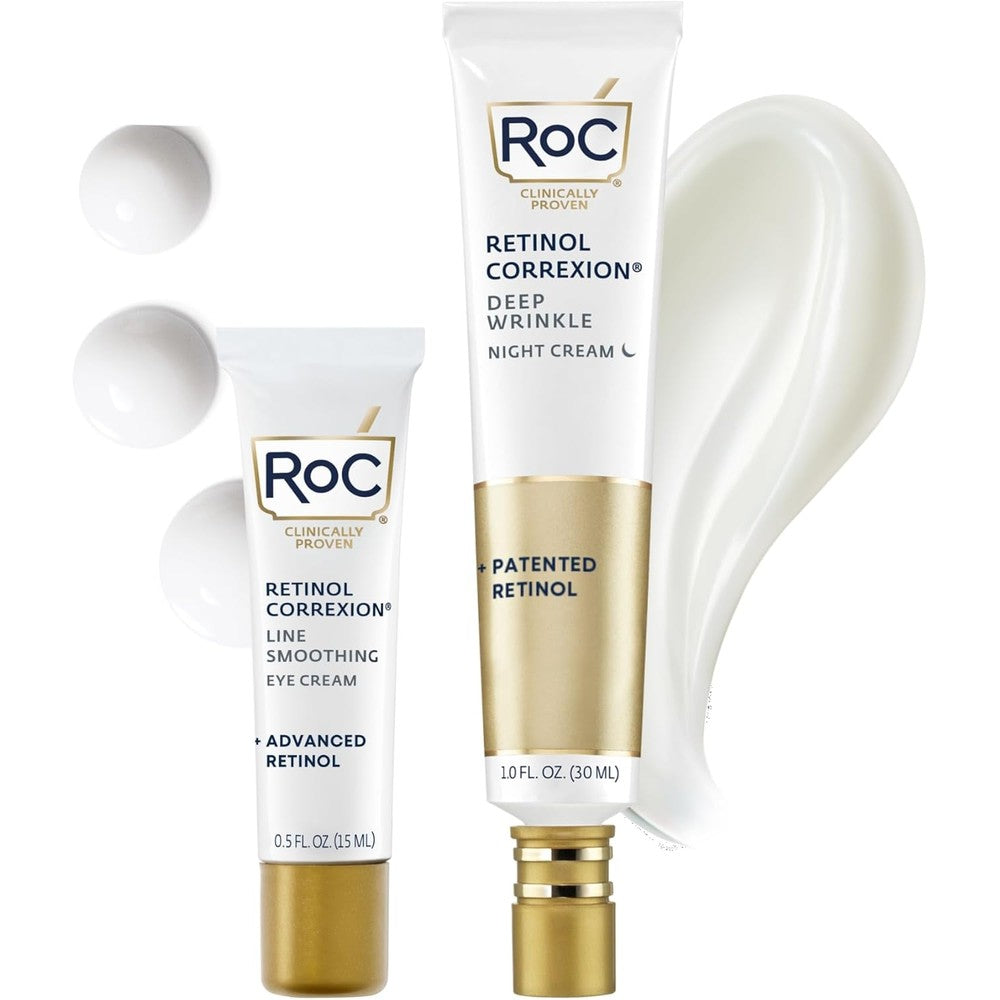 RoC Retinol Correxion Value Set Duo front view showing the night cream and eye cream packaging for anti-aging skincare