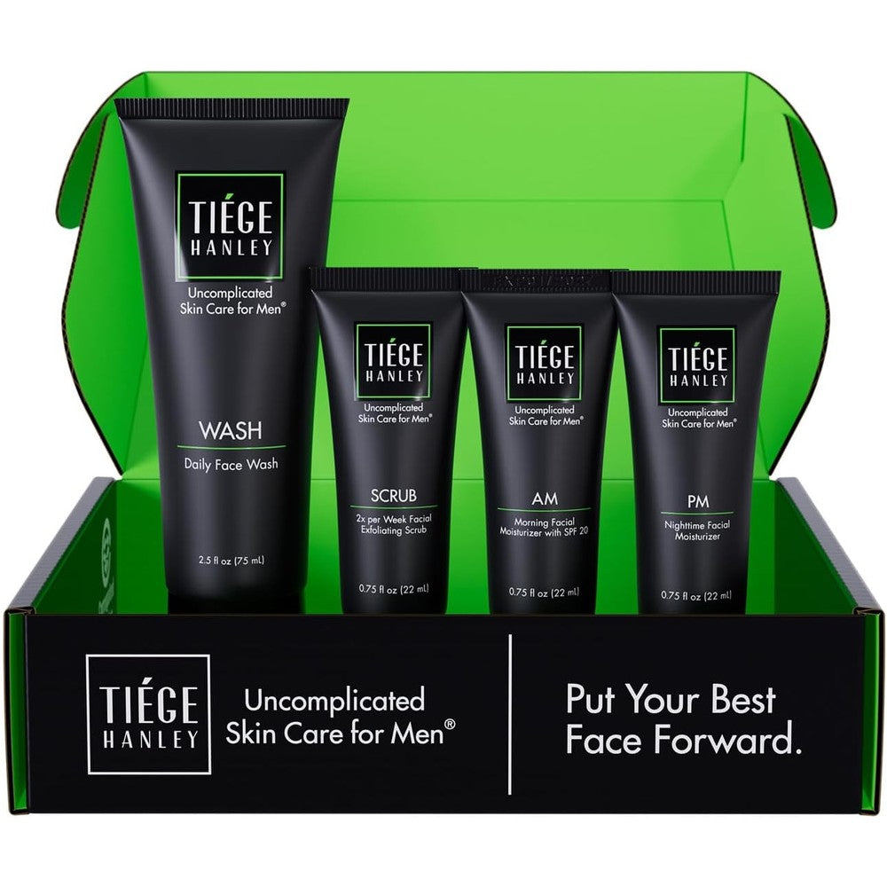 Tiege Hanley Men Skin Care System Level 1 essential routine four piece kit front view
