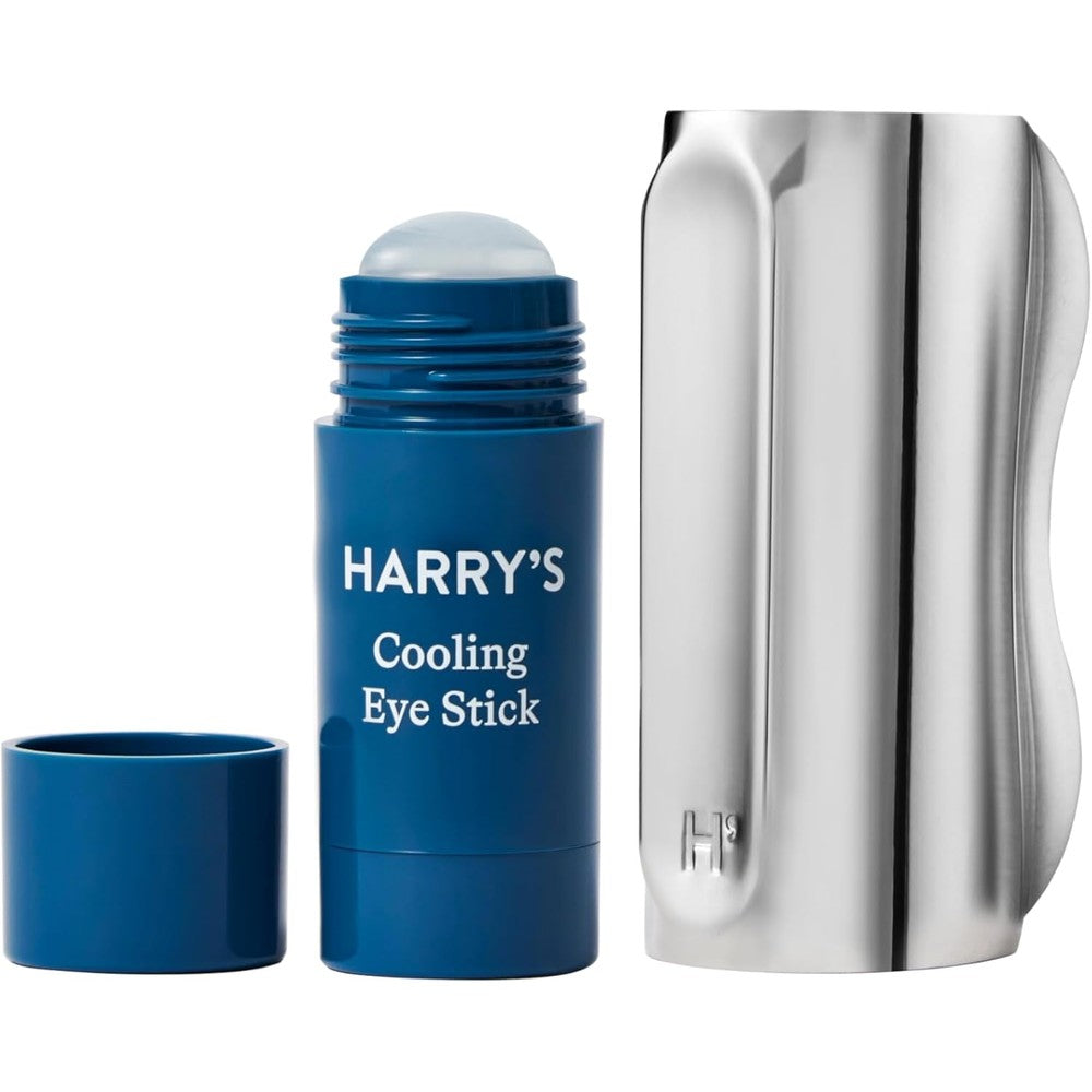 Harry's Cooling Eye Kit for Men front view showing the box packaging, blue cooling eye stick, and zinc massage tool.