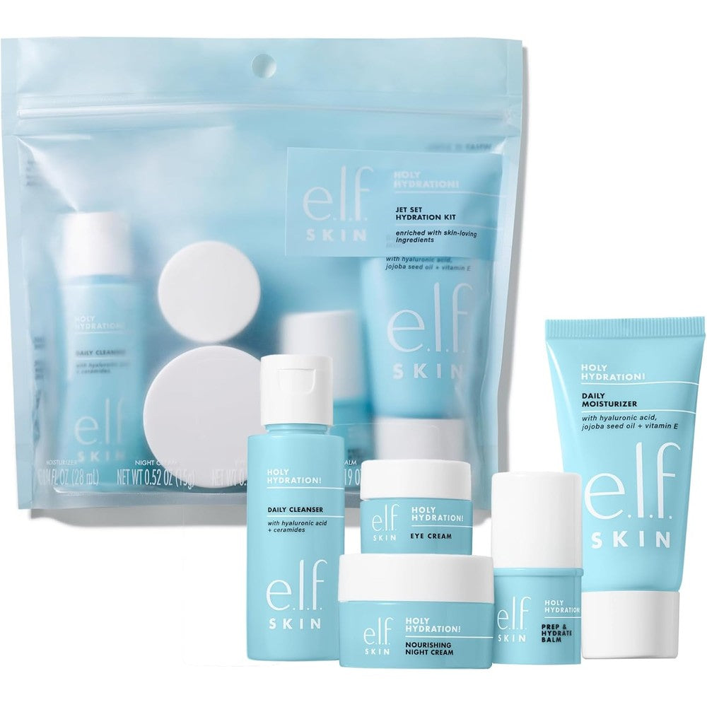 e.l.f. SKIN Holy Hydration Jet Set Kit 5 piece travel skincare set with blue packaging