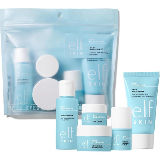 e.l.f. SKIN Holy Hydration Jet Set Kit 5 piece travel skincare set with blue packaging