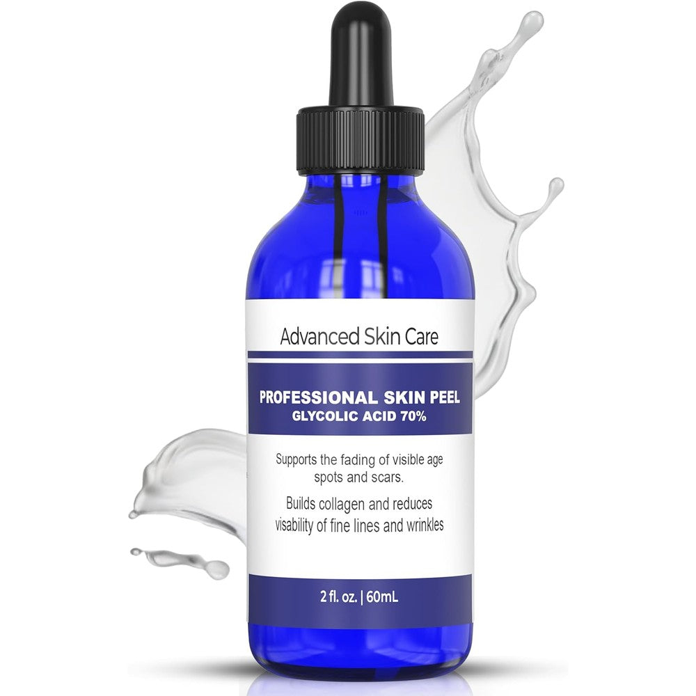 Advanced Skin Care Glycolic Acid Face Peel 70 Percent Strength blue glass bottle front view professional chemical exfoliant