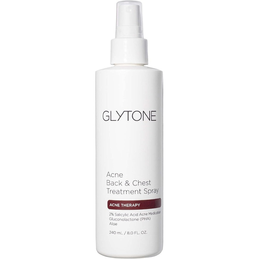 Glytone Chest And Back Acne Treatment Spray front view bottle for body acne treatment