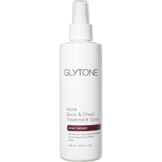 Glytone Chest And Back Acne Treatment Spray front view bottle for body acne treatment