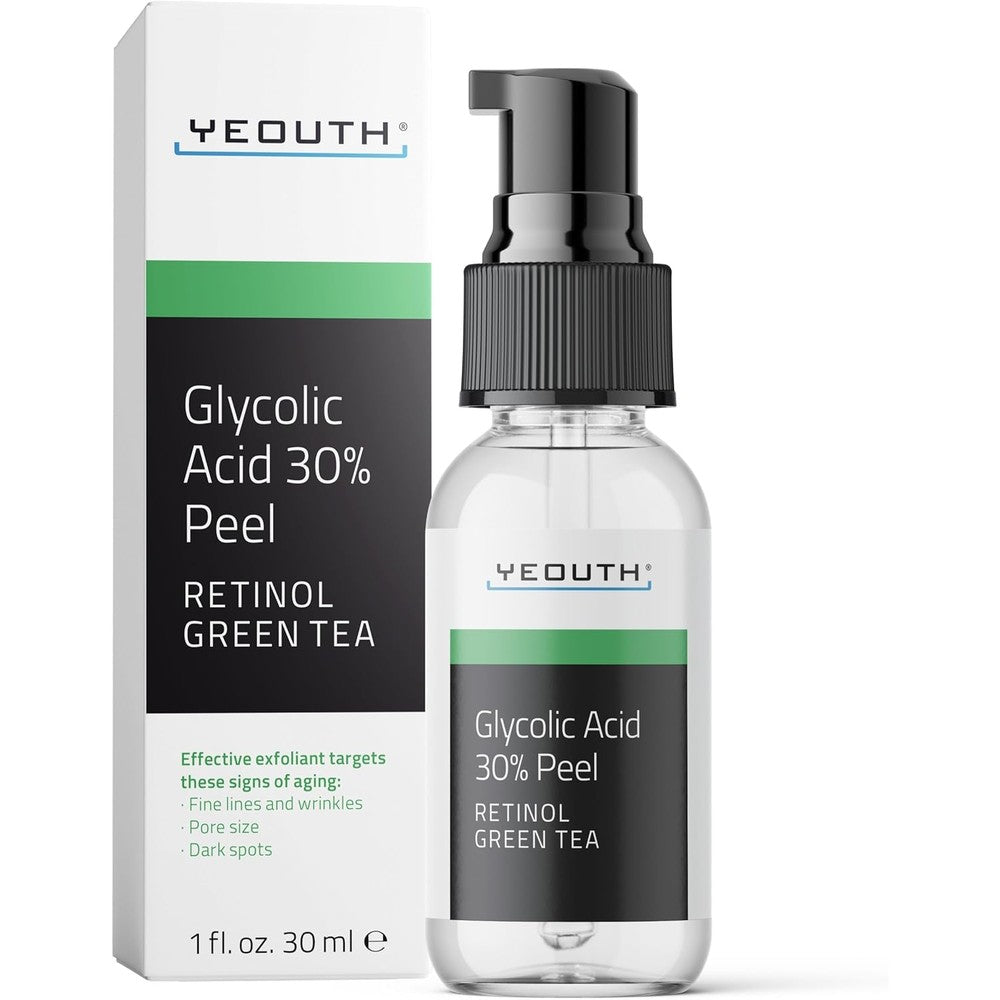 YEOUTH Glycolic Acid Peel front view of the one fluid ounce bottle packaging