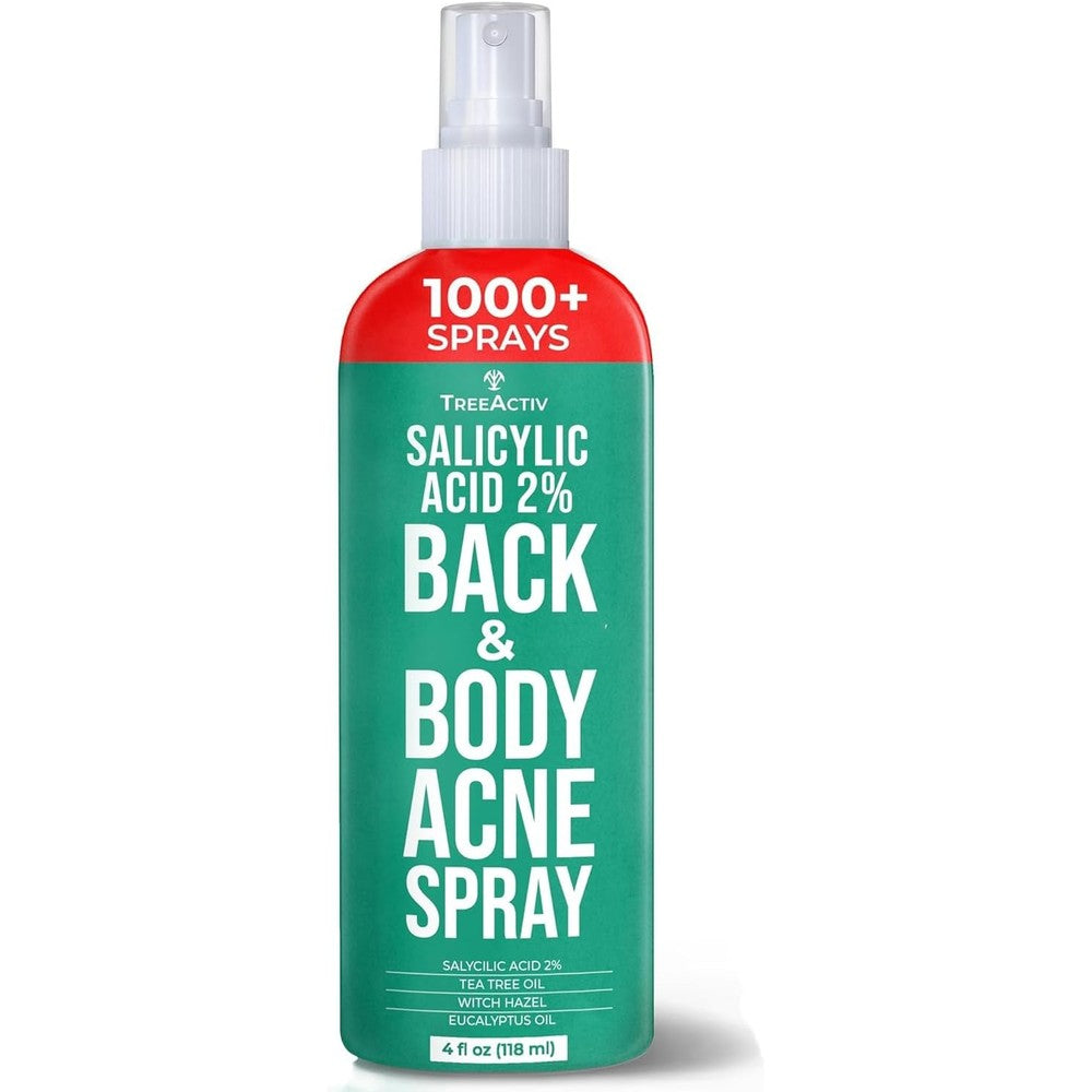 TreeActiv Salicylic Acid Body Acne Spray front view showing the four fluid ounce bottle.