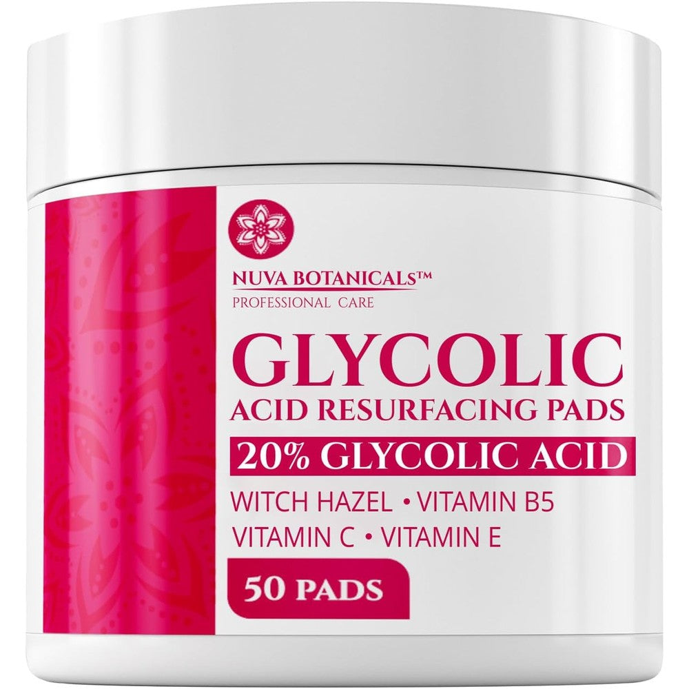 Nuva Botanicals 20% Glycolic Acid Pads front view of the packaging jar for at home chemical peel
