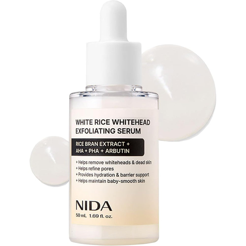 NIDA White Rice Whitehead Exfoliating Serum front view bottle for pore refining