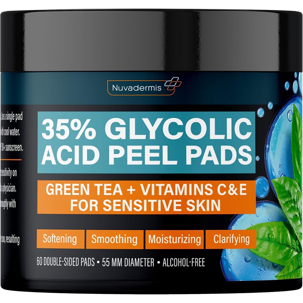 NUVADERMIS 35% Glycolic Acid Peel Pads front view container showcasing professional exfoliating facial resurfacing wipes.