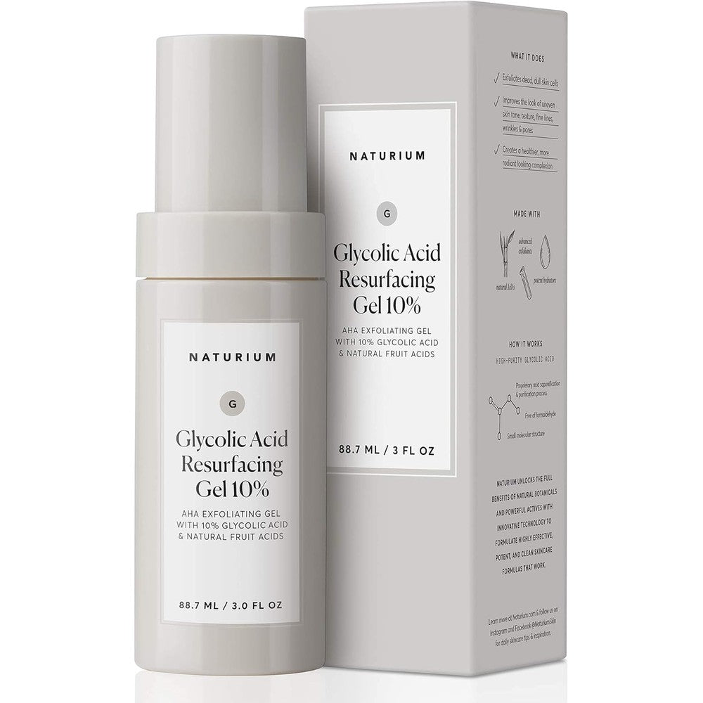 Naturium Glycolic Acid Resurfacing Gel packaging front view showing chemical exfoliator branding