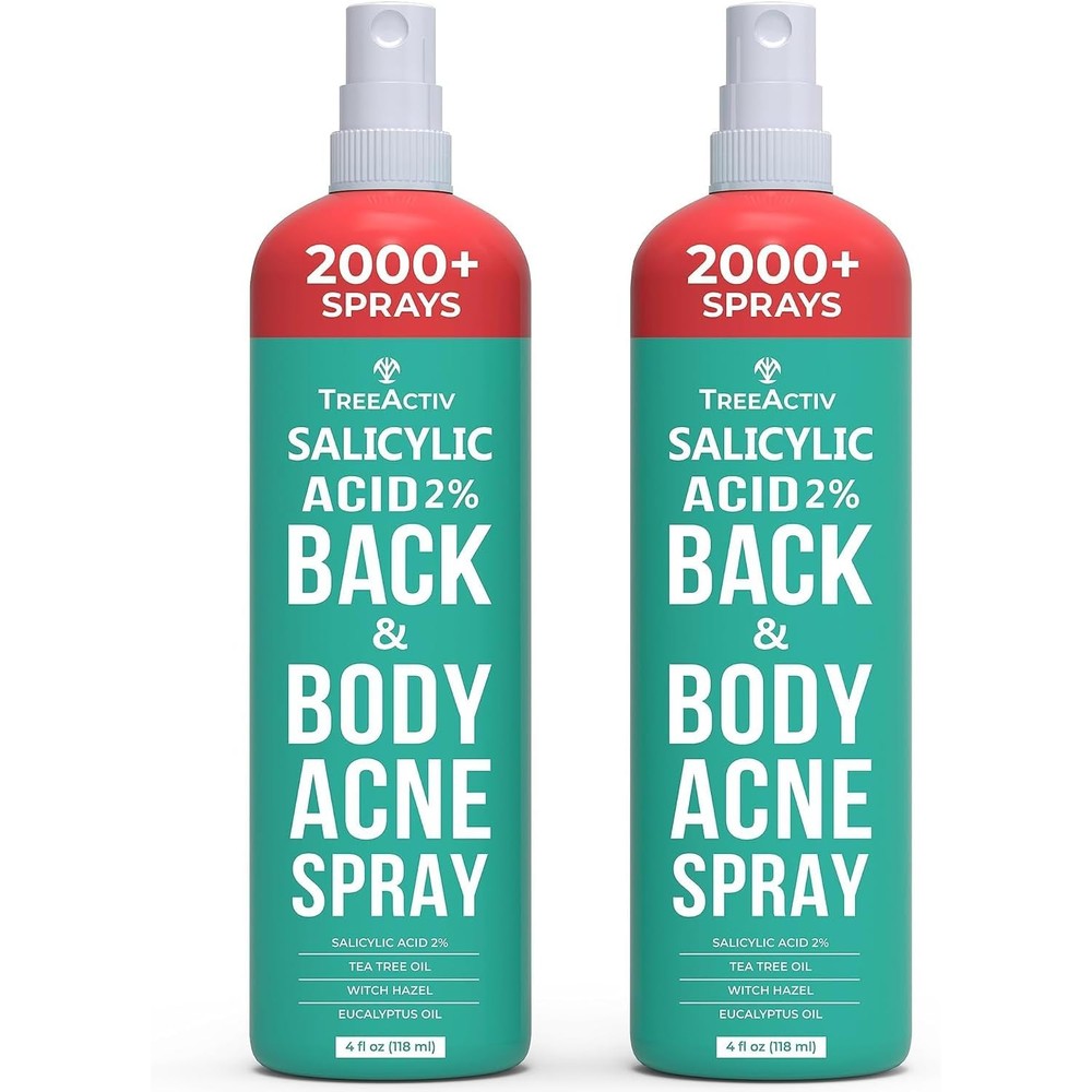 TreeActiv Salicylic Acid Back and Body Acne Spray front view bottle pack for clarifying body blemishes.