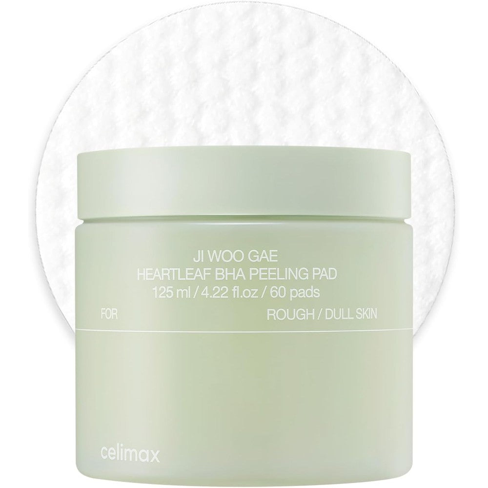 Celimax Ji Woo Gae Heartleaf BHA Peeling Pad front view of the 60 pads container for daily chemical exfoliation.
