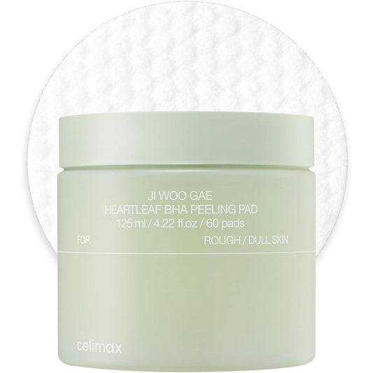 Celimax Ji Woo Gae Heartleaf BHA Peeling Pad front view of the 60 pads container for daily chemical exfoliation.