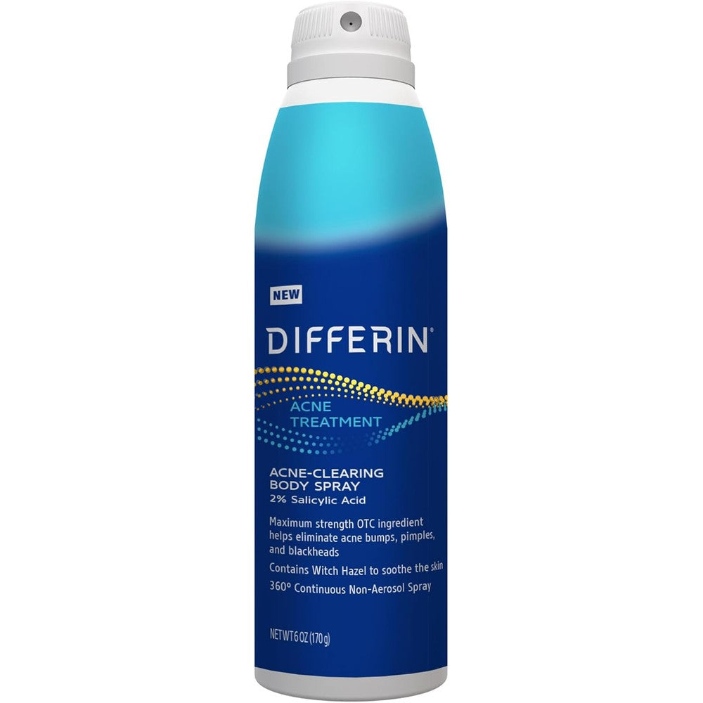 Differin Acne Body Spray front view showing the six ounce bottle and spray nozzle