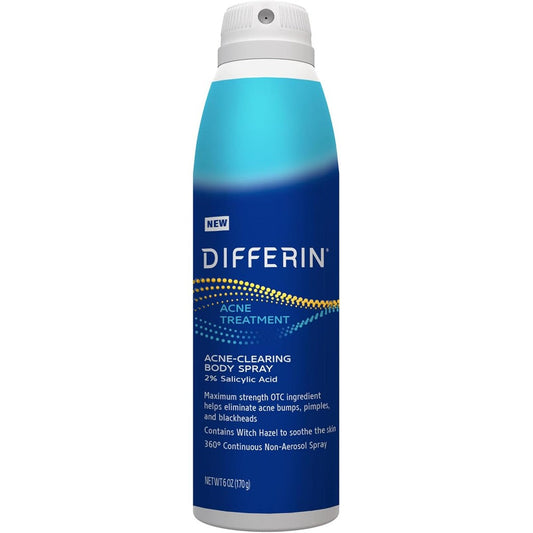 Differin Acne Body Spray front view showing the six ounce bottle and spray nozzle