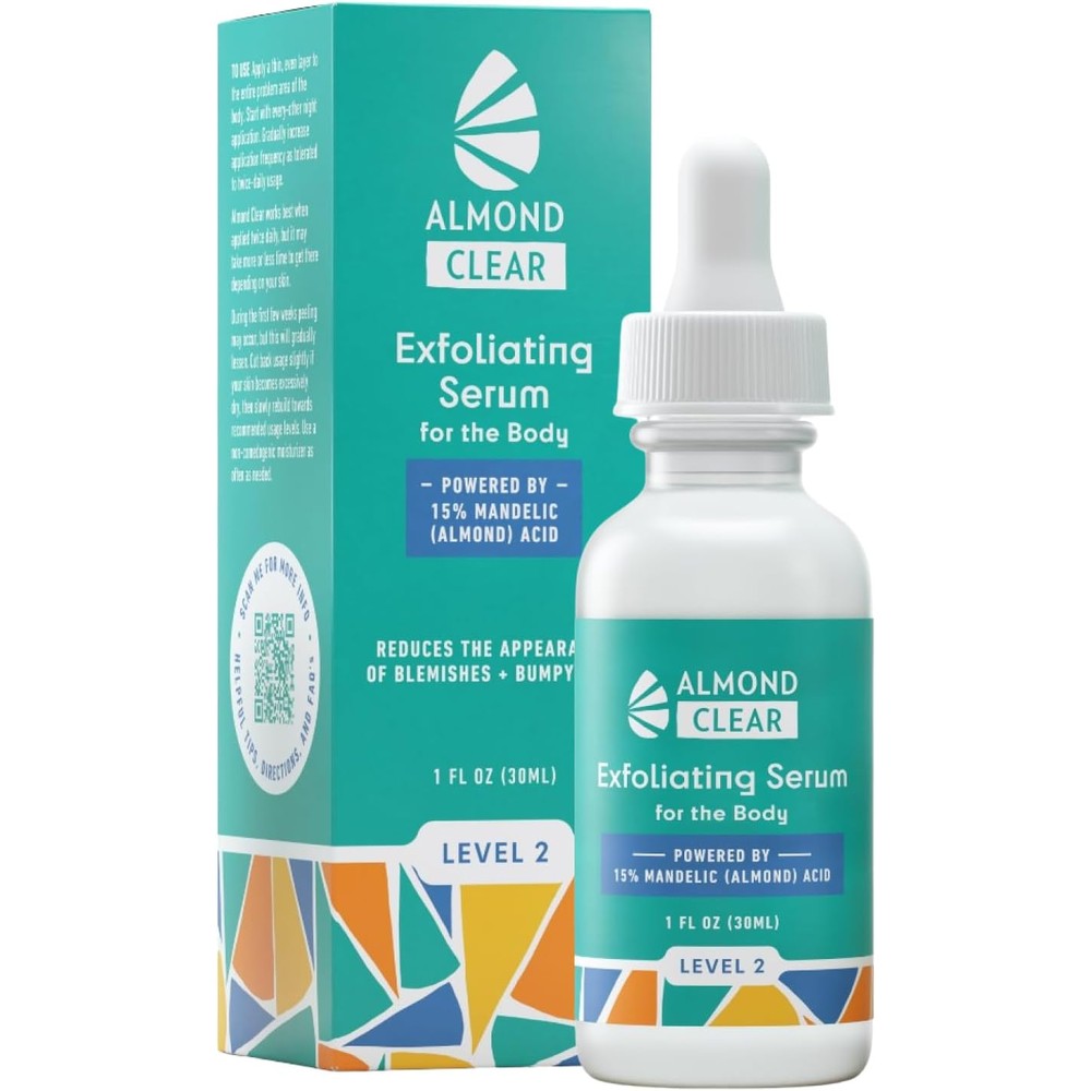 Almond Clear Body Clearing Serum Level Two front view bottle packaging for advanced body acne treatment.