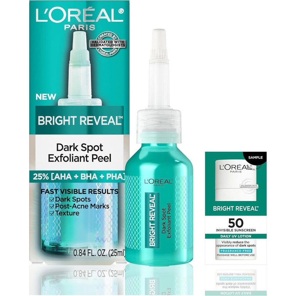 L'Oreal Paris Bright Reveal Dark Spot Exfoliant Peel front view bottle for hyperpigmentation treatment