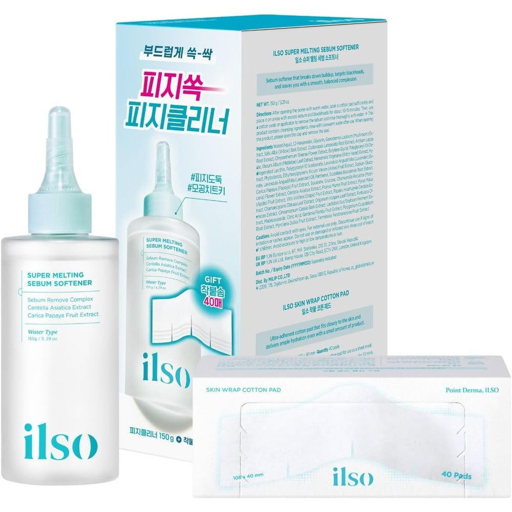 Ilso Super Melting Sebum Softener front view bottle with cotton pads for pore cleansing.