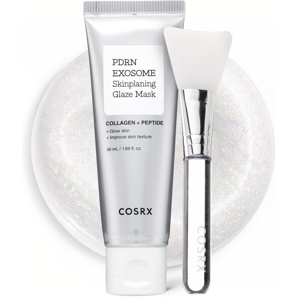 COSRX PDRN Exosome Skinplaning Glaze Mask front view packaging with silicone brush for authentic Korean skincare routine.