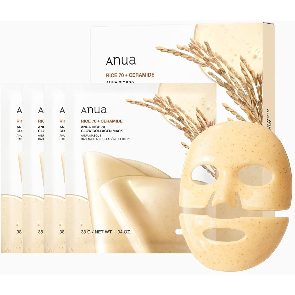 ANUA Rice 70 Glow Collagen Mask pack front view for authentic Korean glass skin routine.