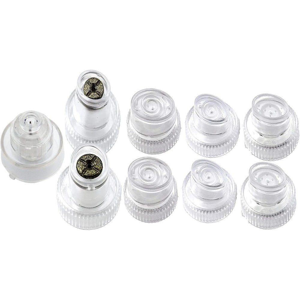Elitzia hydro dermabrasion replacement tips 9 piece set front view layout showing various plastic and diamond heads.