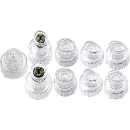 Elitzia hydro dermabrasion replacement tips 9 piece set front view layout showing various plastic and diamond heads.