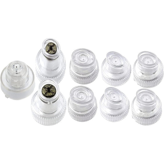 Elitzia hydro dermabrasion replacement tips 9 piece set front view layout showing various plastic and diamond heads.